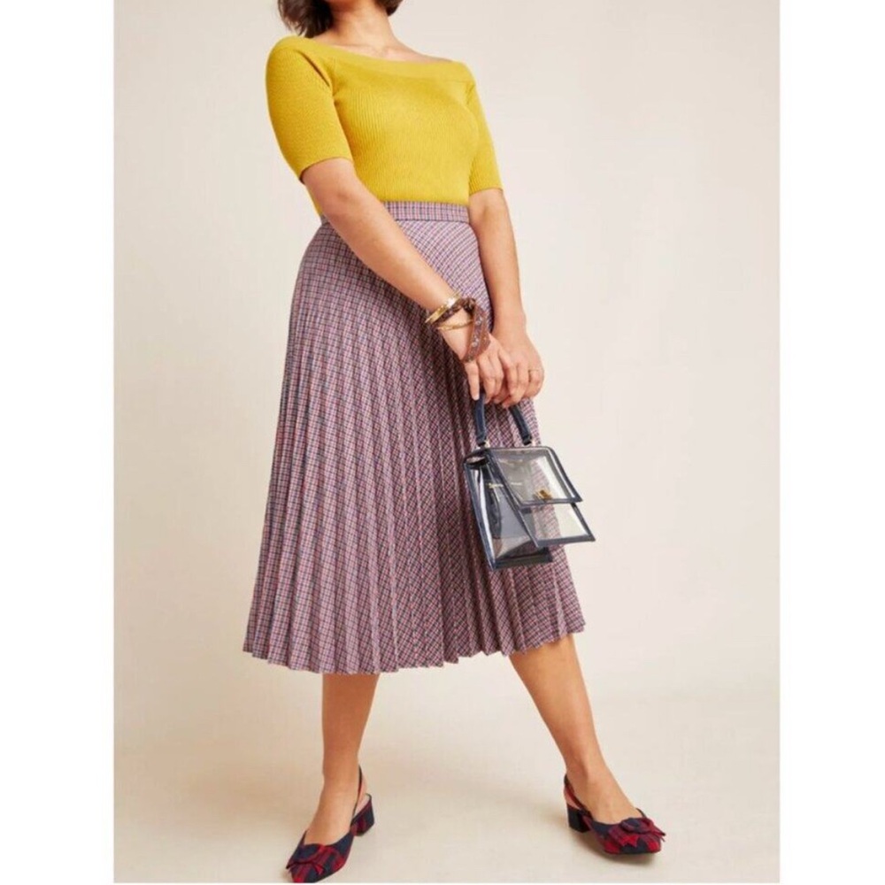 Anthropologie Mauve Wilma Red Blue Gray Plaid Pleated A-Line Midi Skirt